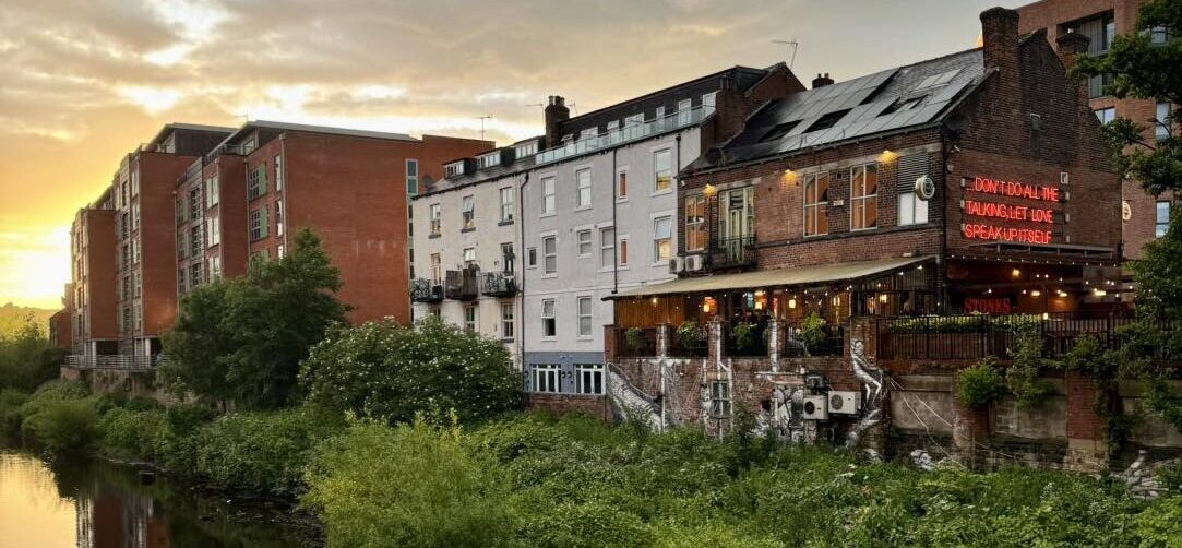 The Riverside Kelham, bridge view with phlegm mural